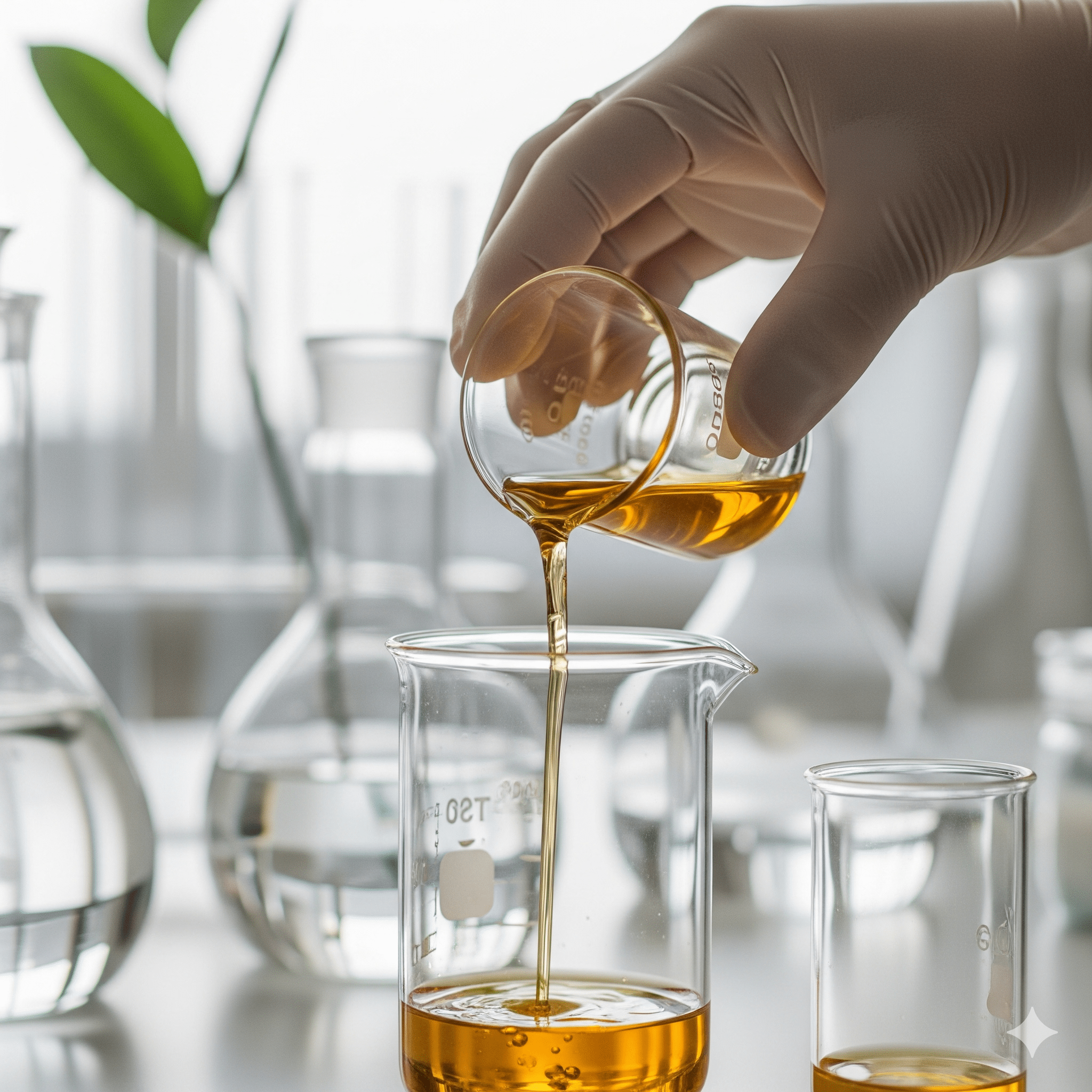 Hand pouring oil into beaker