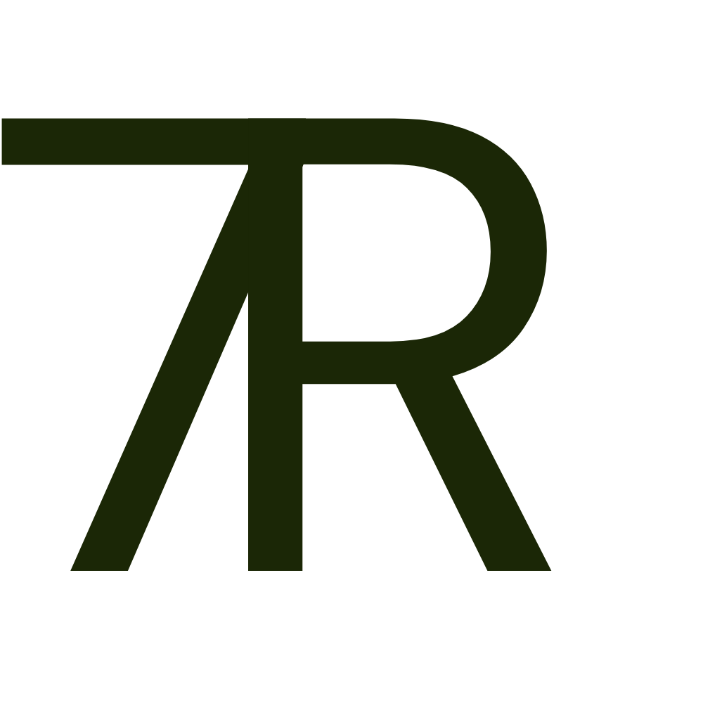 A dark forest green stylized monogram letter '7R' on a tan background.
